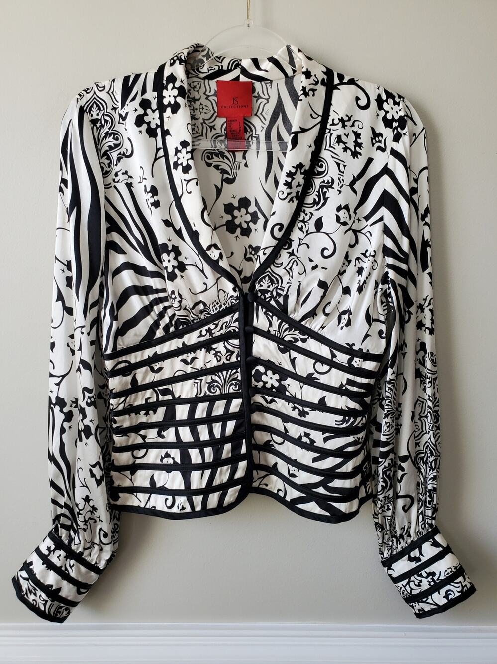 Women JS Collection Black Ivory Silk Blouse 6 Corporate Chic Elegant Cocktail